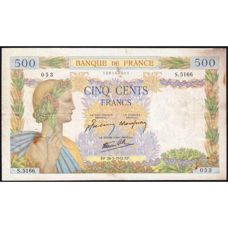 F 32-32 - 26/03/1942 - 500 francs - La Paix - Série S.5166 - Etat : TB+