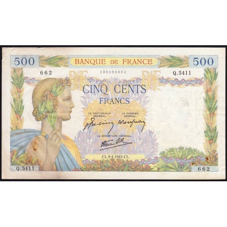 F 32-34 - 09/04/1942 - 500 francs - La Paix - Série Q.5411 - Etat : TTB