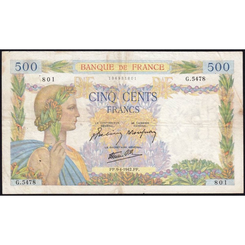 F 32-34 - 09/04/1942 - 500 francs - La Paix - Série G.5478 - Etat : TB+