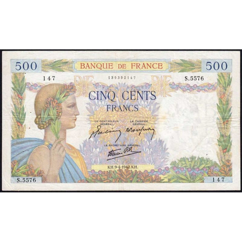 F 32-34 - 09/04/1942 - 500 francs - La Paix - Série S.5576 - Etat : TB+