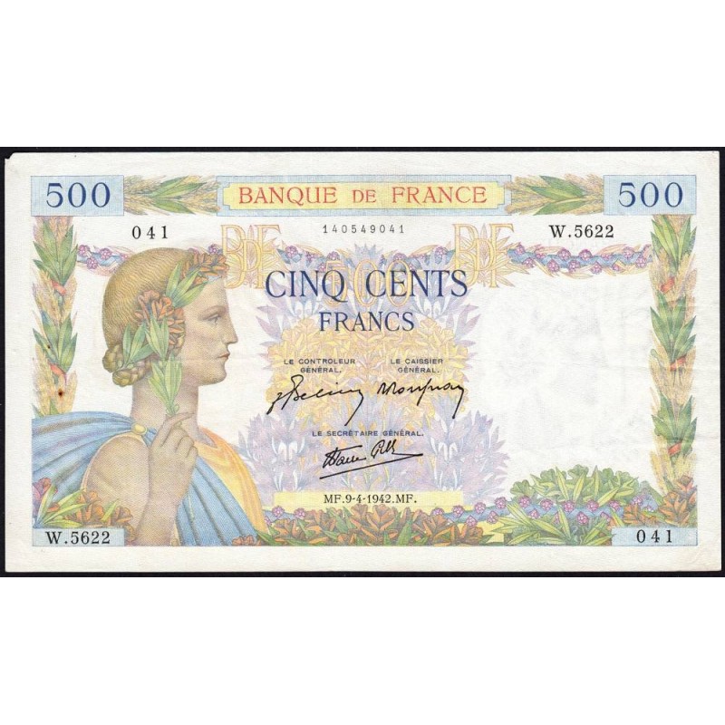 F 32-34 - 09/04/1942 - 500 francs - La Paix - Série W.5622 (remplacement) - Etat : TTB