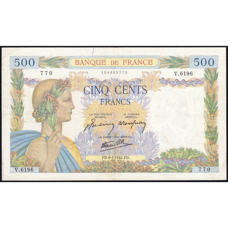 F 32-36 - 09/07/1942 - 500 francs - La Paix - Série V.6196 - Etat : TB