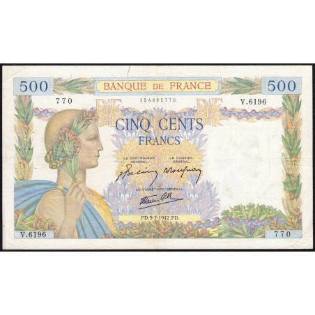F 32-36 - 09/07/1942 - 500 francs - La Paix - Série V.6196 - Etat : TB