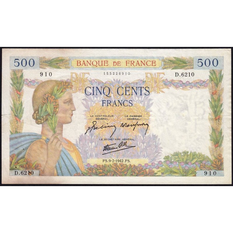 F 32-36 - 09/07/1942 - 500 francs - La Paix - Série D.6210 - Etat : TB+