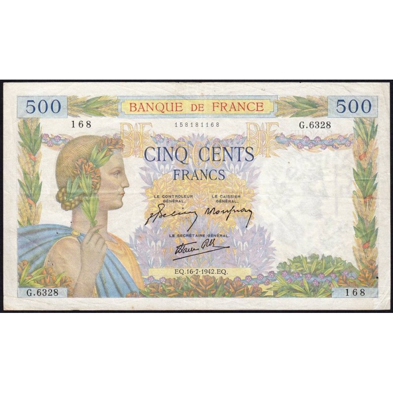 F 32-37 - 16/07/1942 - 500 francs - La Paix - Série G.6328 - Etat : TTB