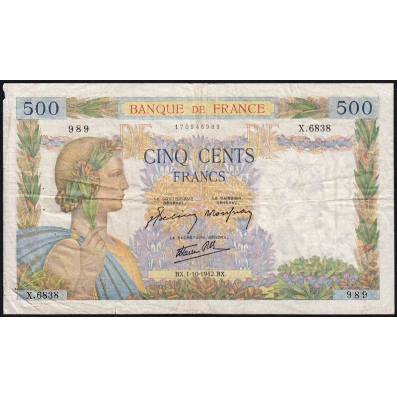 F 32-41 - 01/10/1942 - 500 francs - La Paix - Série X.6838 - Etat : TB-