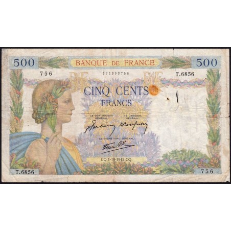 F 32-41 - 01/10/1942 - 500 francs - La Paix - Série T.6856 - Etat : TB-