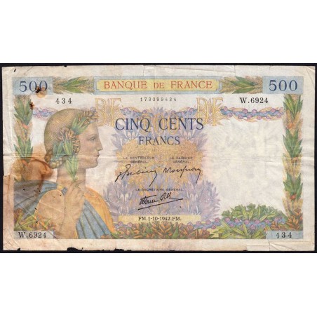 F 32-41 - 01/10/1942 - 500 francs - La Paix - Série W.6924 (remplacement) - Etat : AB