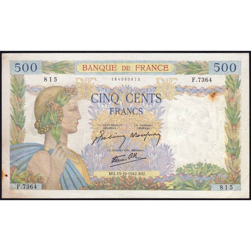 F 32-42 - 15/10/1942 - 500 francs - La Paix - Série F.7364 - Etat : TTB