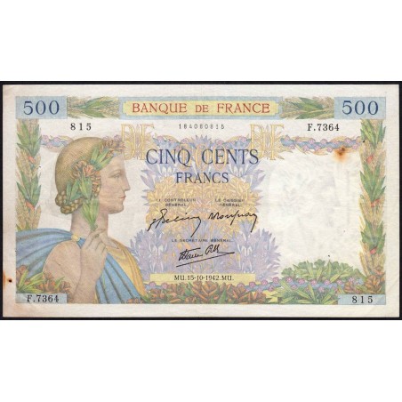 F 32-42 - 15/10/1942 - 500 francs - La Paix - Série F.7364 - Etat : TTB
