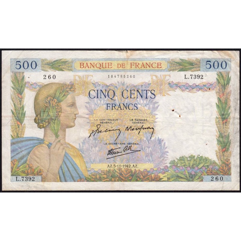 F 32-43 - 05/11/1942 - 500 francs - La Paix - Série L.7392 - Etat : TB