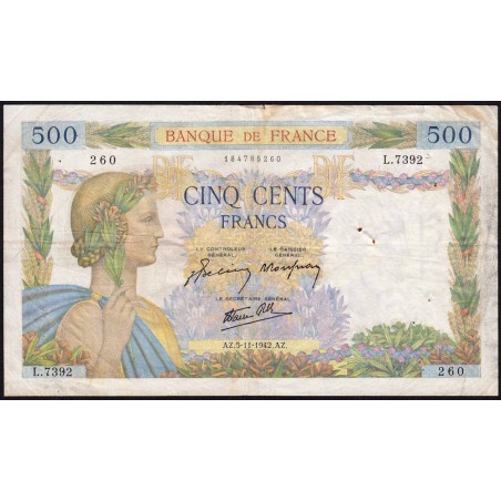 F 32-43 - 05/11/1942 - 500 francs - La Paix - Série L.7392 - Etat : TB