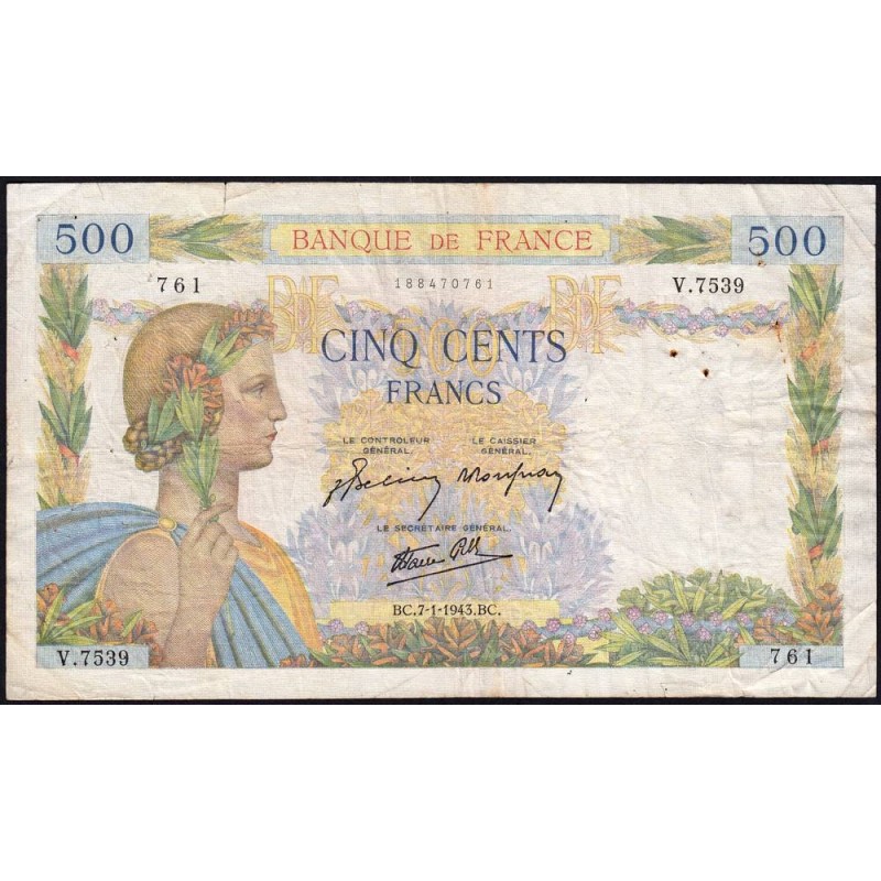 F 32-44 - 07/01/1943 - 500 francs - La Paix - Série V.7539 - Etat : TB-