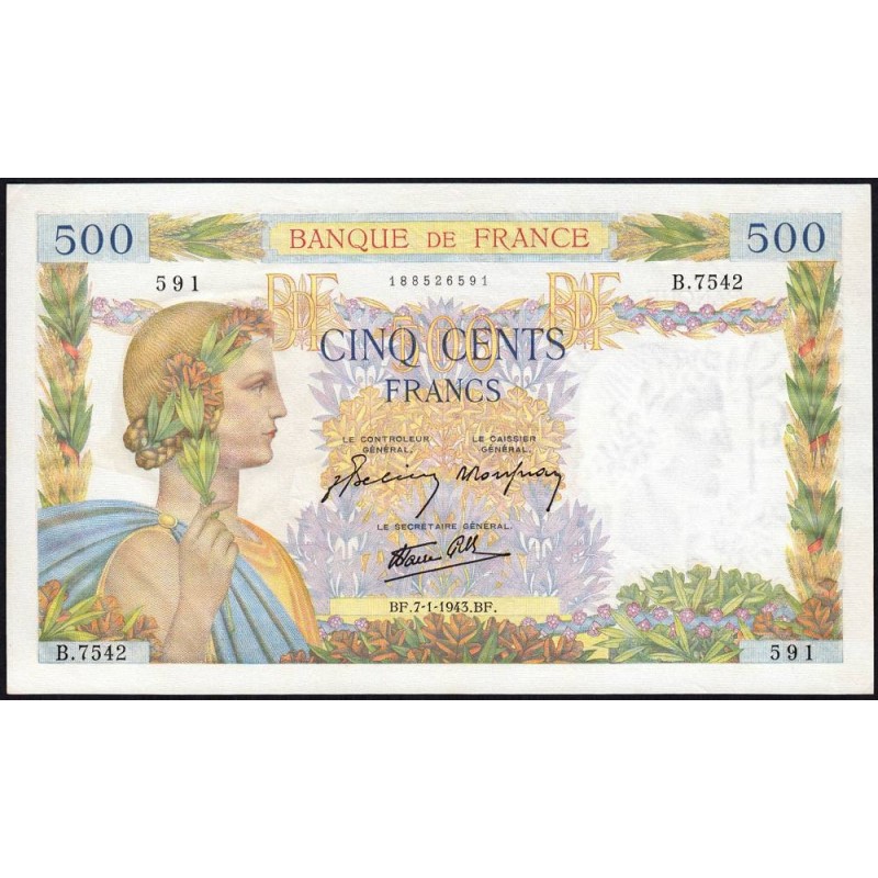 F 32-44 - 07/01/1943 - 500 francs - La Paix - Série B.7542 - Etat : SPL+