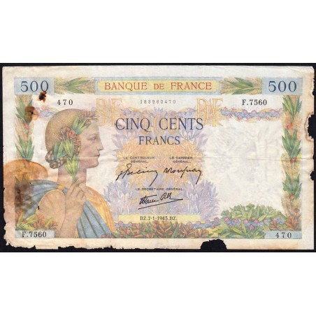 F 32-44 - 07/01/1943 - 500 francs - La Paix - Série F.7560 - Etat : AB