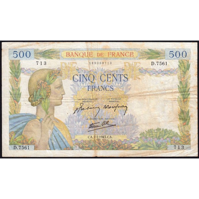 F 32-44 - 07/01/1943 - 500 francs - La Paix - Série D.7561 - Etat : TB-