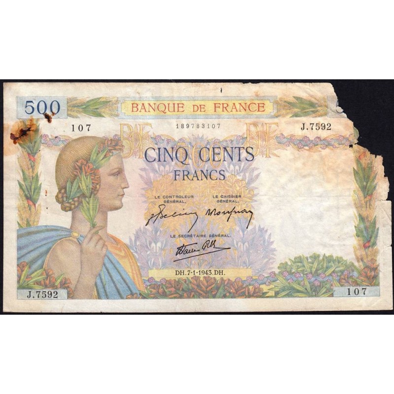 F 32-44 - 07/01/1943 - 500 francs - La Paix - Série J.7592 - Etat : AB
