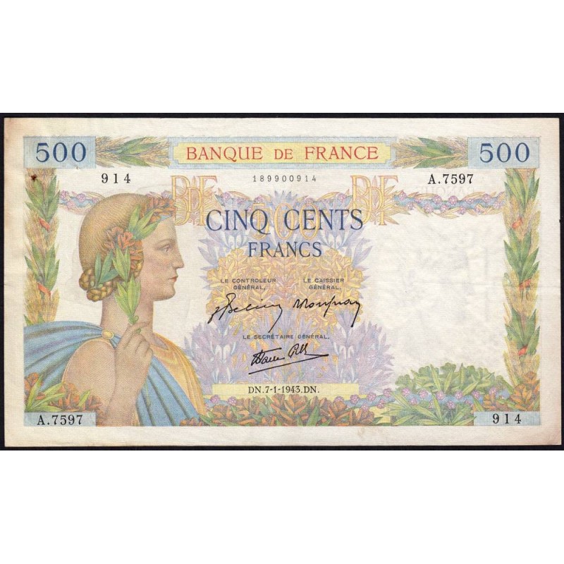 F 32-44 - 07/01/1943 - 500 francs - La Paix - Série A.7597 - Etat : TTB+