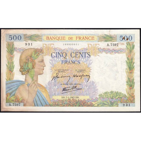 F 32-44 - 07/01/1943 - 500 francs - La Paix - Série A.7597 - Etat : TTB