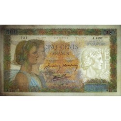 F 32-44 - 07/01/1943 - 500 francs - La Paix - Série A.7597 - Etat : TTB