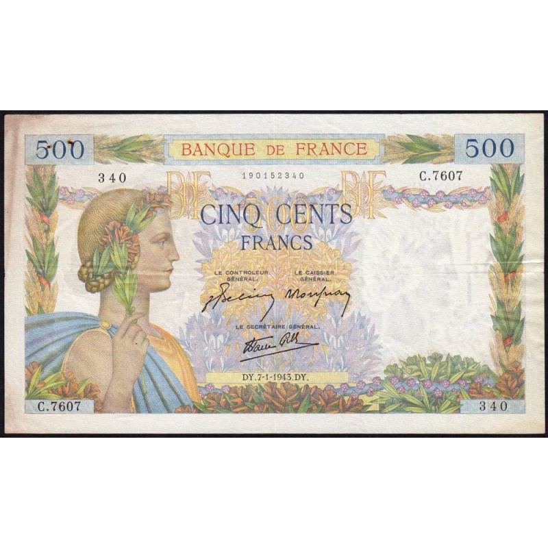 F 32-44 - 07/01/1943 - 500 francs - La Paix - Série C.7607 - Etat : TTB