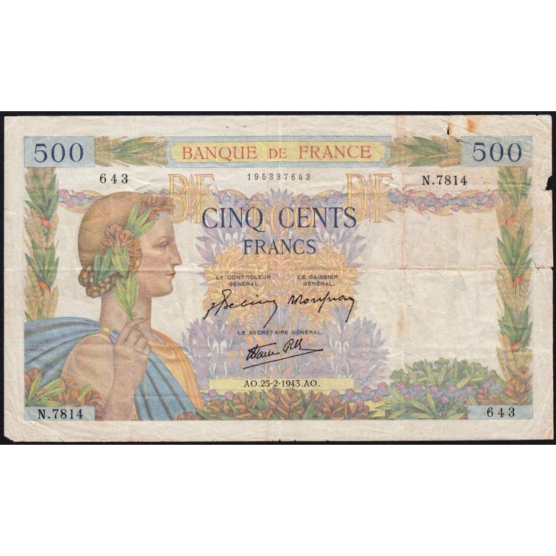 F 32-45 - 25/02/1943 - 500 francs - La Paix - Série N.7814 - Etat : B+ à TB-