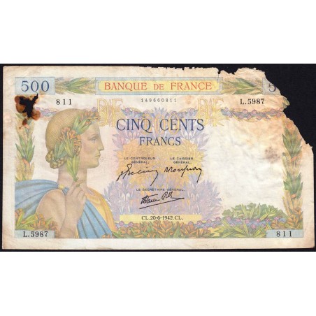 F 32-35 - 20/06/1942 - 500 francs - La Paix - Série L.5987 - Etat : AB