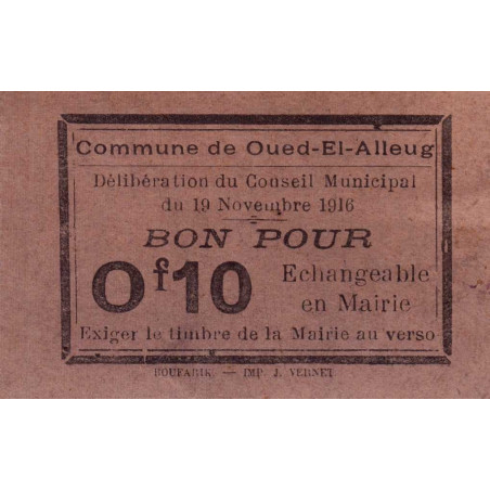 Algérie - Oued-el-Alleug 2 - 0,10 franc - 19/11/1916 - Etat : SUP