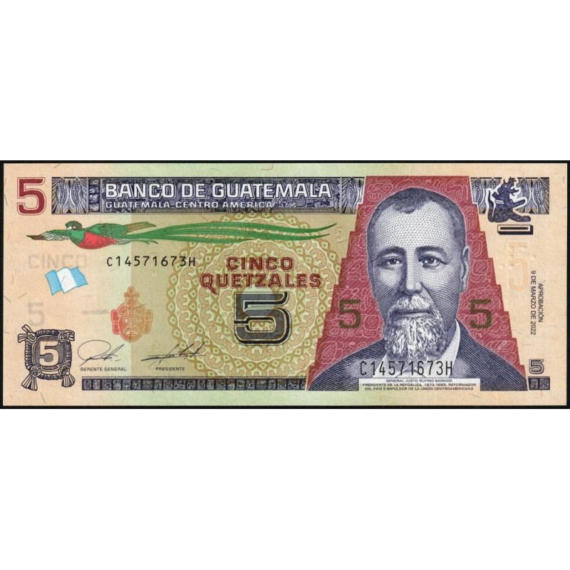Guatémala - Pick 122Af - 5 quetzales - 09/03/2022 - Série C H - Etat : NEUF
