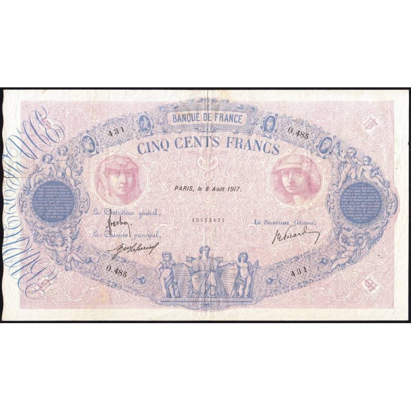 F 30-23 - 08/08/1917 - 500 francs - Bleu et rose - Série O.485 - Etat : TB+