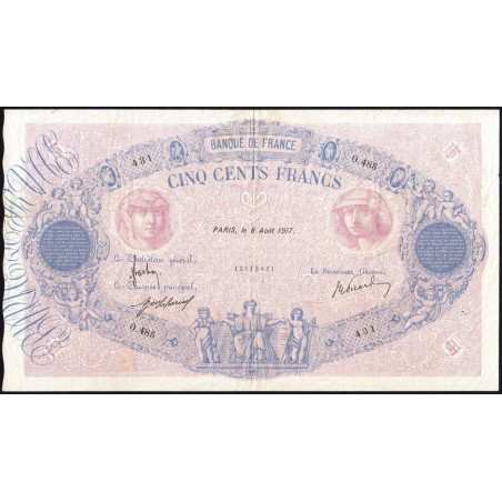 F 30-23 - 08/08/1917 - 500 francs - Bleu et rose - Série O.485 - Etat : TB+
