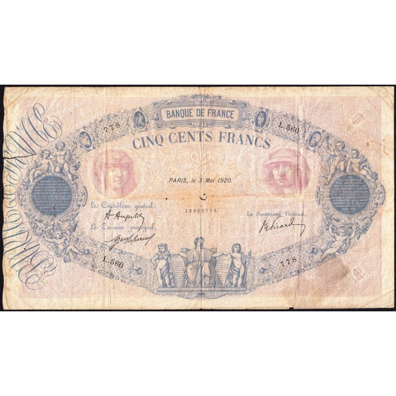 F 30-24 - 03/05/1920 - 500 francs - Bleu et rose - Série L.560 - Etat : B