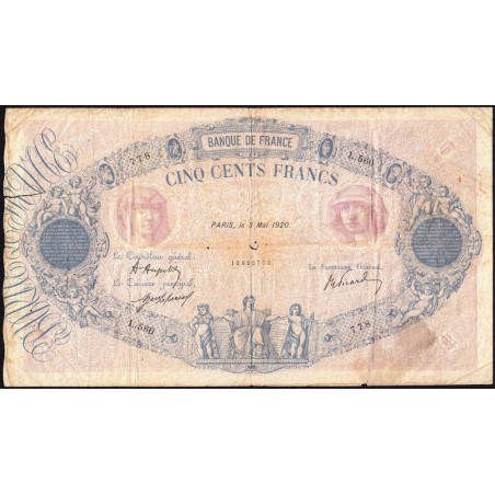 F 30-24 - 03/05/1920 - 500 francs - Bleu et rose - Série L.560 - Etat : B