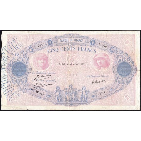 F 30-27 - 24/07/1923 - 500 francs - Bleu et rose - Série W.718 (remplacement) - Etat : TB-