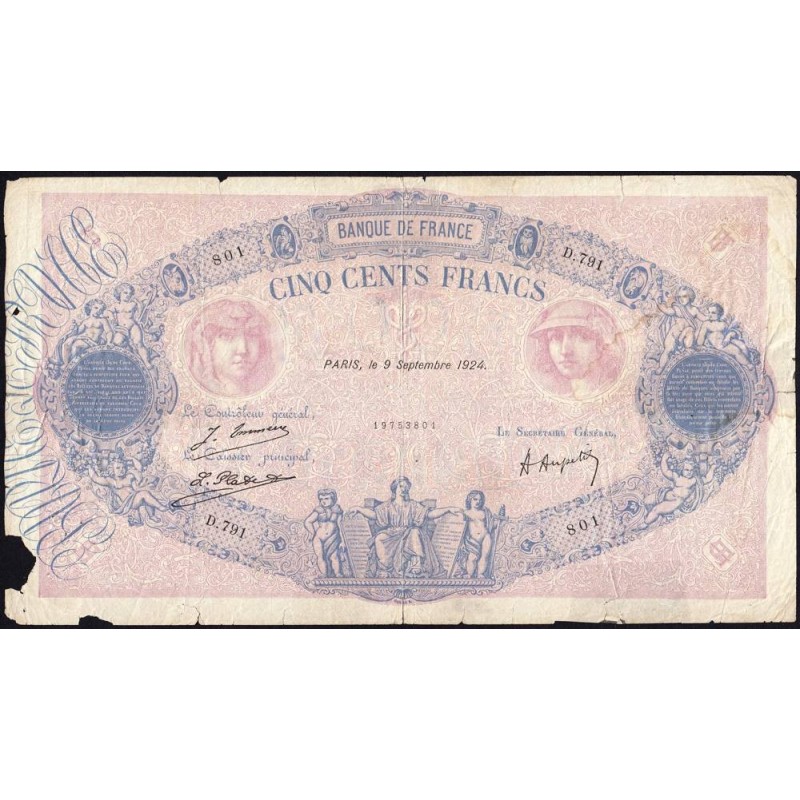 F 30-28 - 09/09/1924 - 500 francs - Bleu et rose - Série D.791 - Etat : B-