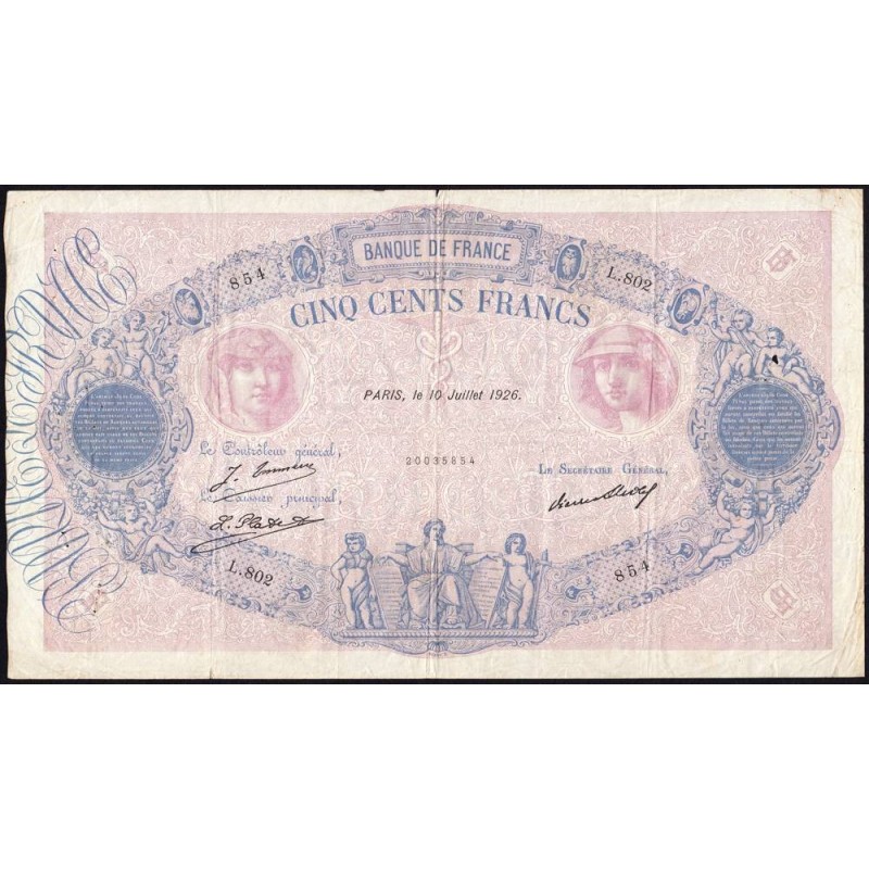 F 30-29 - 10/07/1926 - 500 francs - Bleu et rose - Série L.802 - Etat : TB