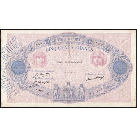 F 30-29 - 10/07/1926 - 500 francs - Bleu et rose - Série L.802 - Etat : TB