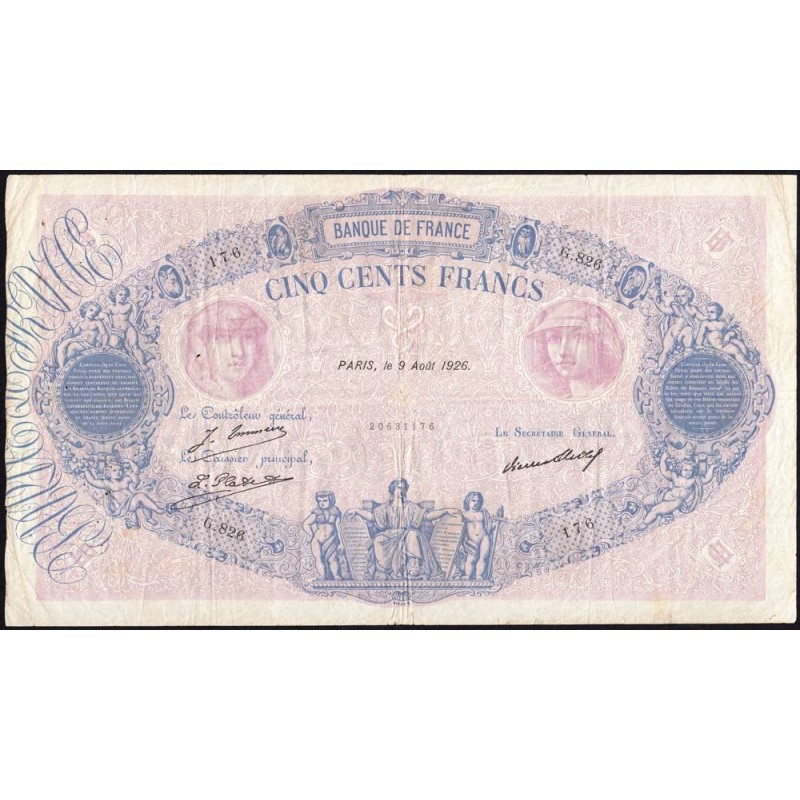 F 30-29 - 09/08/1926 - 500 francs - Bleu et rose - Série G.826 - Etat : TB+
