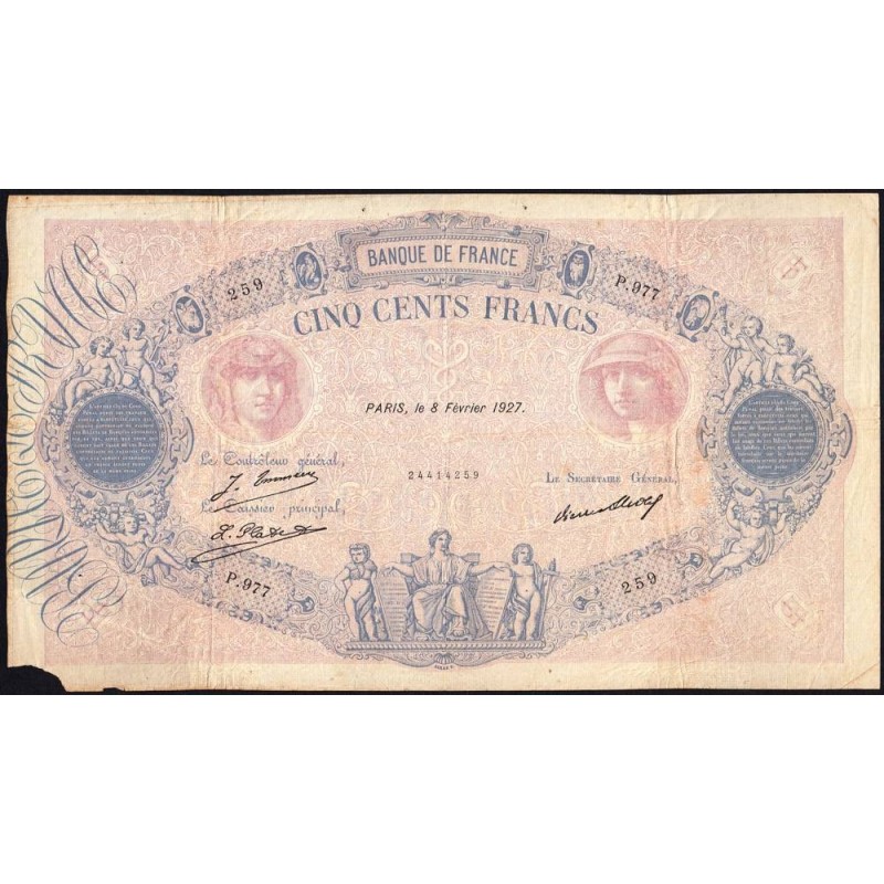 F 30-30 - 08/02/1927 - 500 francs - Bleu et rose - Série P.977 - Etat : B+
