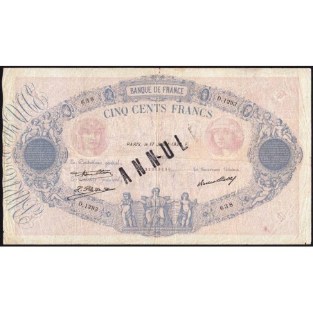 F 30-33 - 17/07/1930 - 500 francs - Bleu et rose - Série D.1293 - Annulé - Etat : TB