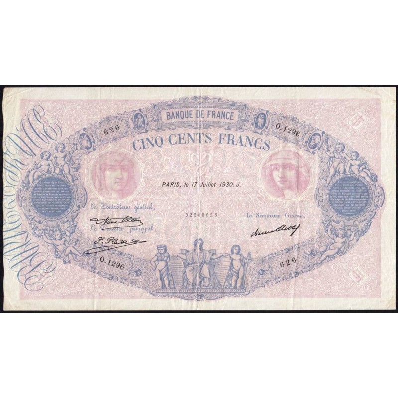 F 30-33 - 17/07/1930 - 500 francs - Bleu et rose - Série O.1296 - Etat : TTB