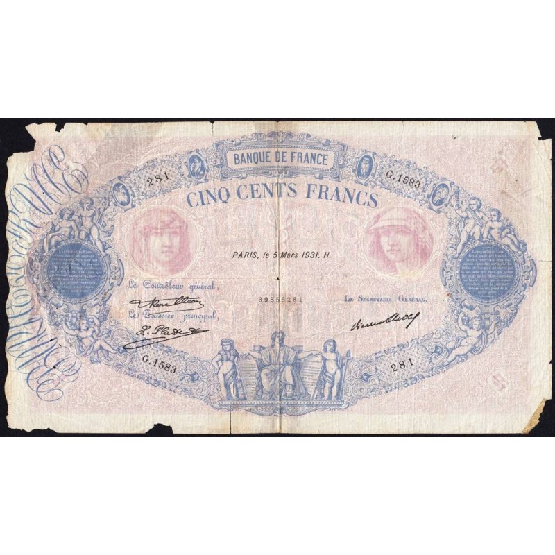 F 30-34 - 05/03/1931 - 500 francs - Bleu et rose - Série G.1583 - Etat : B-
