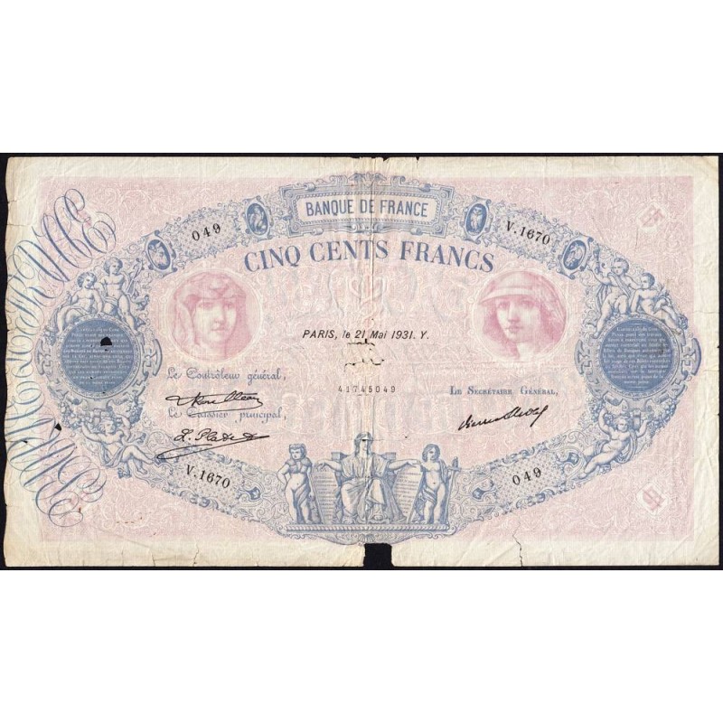 F 30-34 - 21/05/1931 - 500 francs - Bleu et rose - Série V.1670 - Etat : B+
