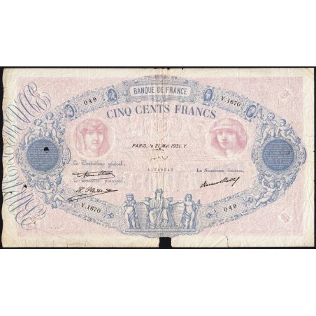 F 30-34 - 21/05/1931 - 500 francs - Bleu et rose - Série V.1670 - Etat : B+