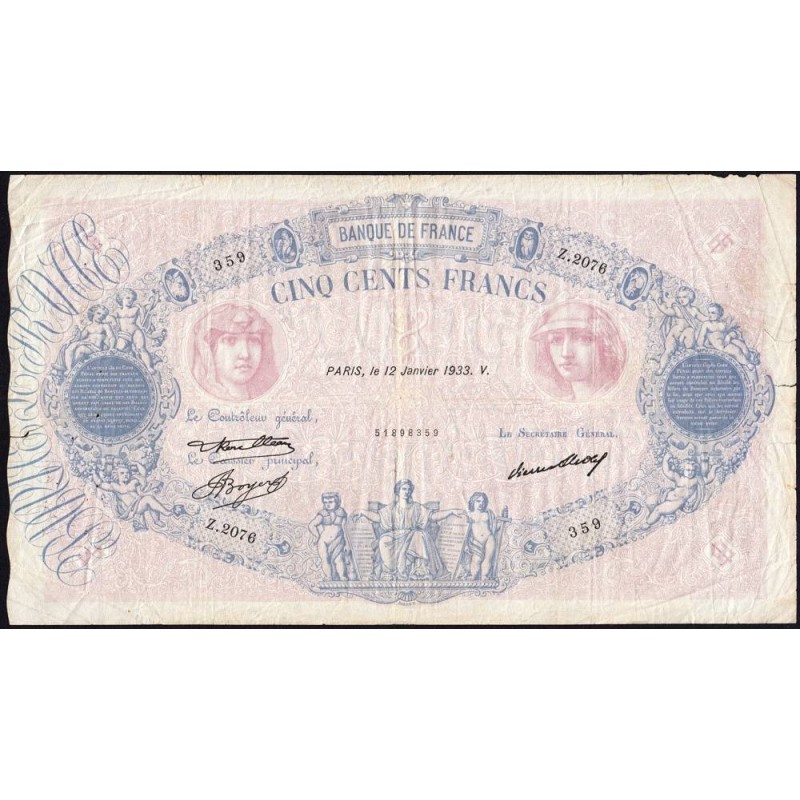 F 30-36 - 12/01/1933 - 500 francs - Bleu et rose - Série Z.2076 - Etat : TB-