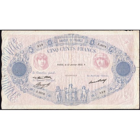 F 30-36 - 12/01/1933 - 500 francs - Bleu et rose - Série Z.2076 - Etat : TB-