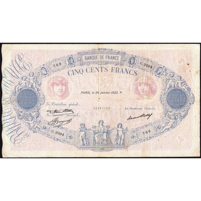 F 30-36 - 26/01/1933 - 500 francs - Bleu et rose - Série G.2094 - Etat : TB