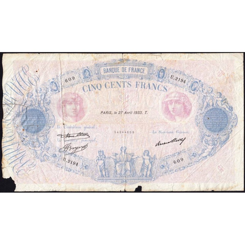 F 30-36 - 27/04/1933 - 500 francs - Bleu et rose - Série U.2194 - Etat : B
