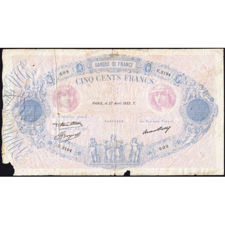 F 30-36 - 27/04/1933 - 500 francs - Bleu et rose - Série U.2194 - Etat : B