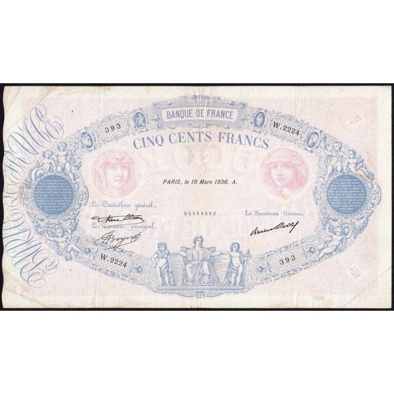 F 30-37 - 19/03/1936 - 500 francs - Bleu et rose - Série W.2224 (remplacement) - Etat : TB+